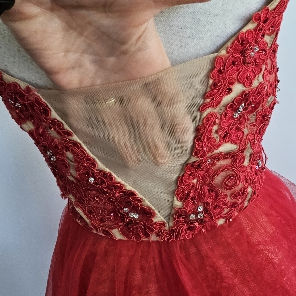 Sherri Hill Red & Nude Tulle Lace Maxi Dress - Picture 12 of 16